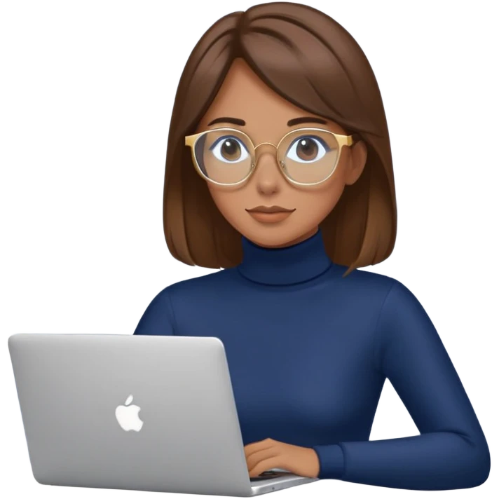 Woman with brown hair wearing navy blue turtleneck, gold hoops and blue screen glasses typing on laptop emoji
