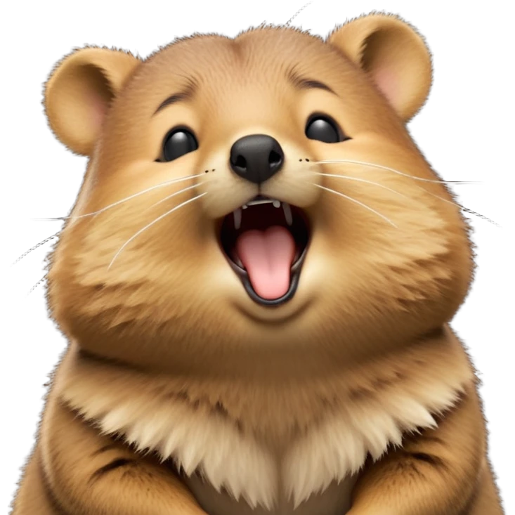 cinematic-realistic  yawning quokka-emoji,-small-round-frame, head tilted in an endearing manner, wouth wide open yawning, sleepy comical smile, fluffy cheeks, giant-fluffy-cheeks-large-smile-fluffy-brown-fur-radiating-a-warm-softness,-big-round-eyes-filled-with-joy, realistic round  fluffy zoomed in, large black eyes one paw raised in the air emoji