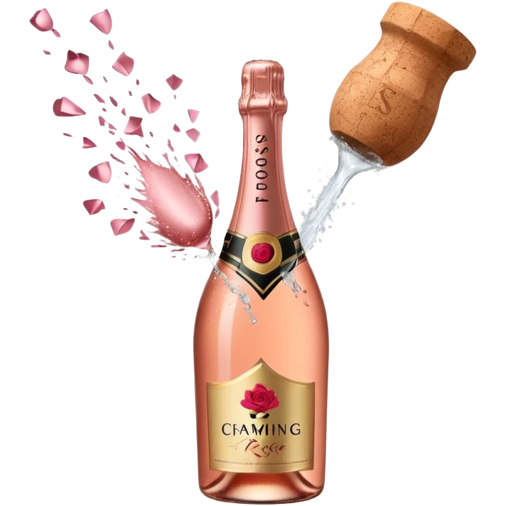 bottle of sparkling rosé champagne with a rose logo on the label, with a cork exploding out from the top, tilted up and to the left, no glass emoji