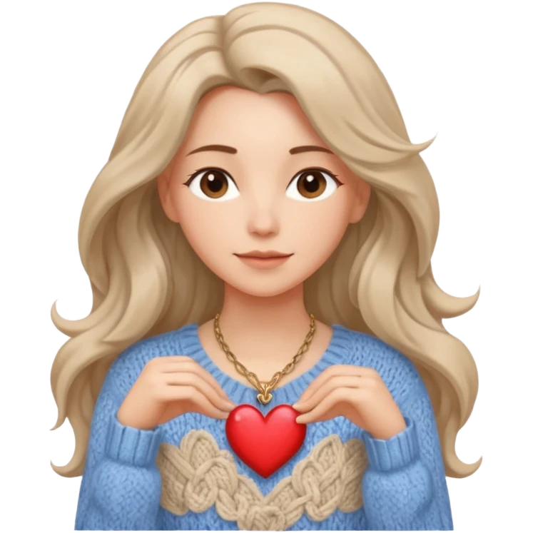 . Her skin glows warmly under the natural light, enhanced by the gentle textures of her knitted beige sweater and flowing hair. her heart-shaped necklace adds a delicate touch, while her serene expression brings a quiet strength to the portrait. The blue sky in the background.
 emoji