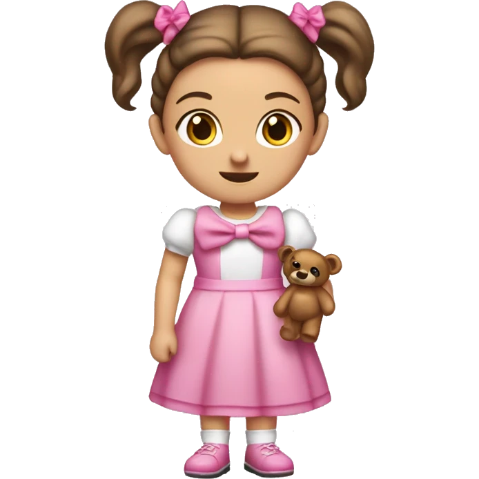 Little white girl with bronze hair in two ponytails with two bows. A pink pacificer in her mouth. She is wearing a pink and White dress and holding a teddybear. emoji