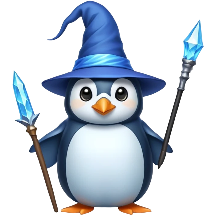 penguin wizard with wand and pointy hat emoji