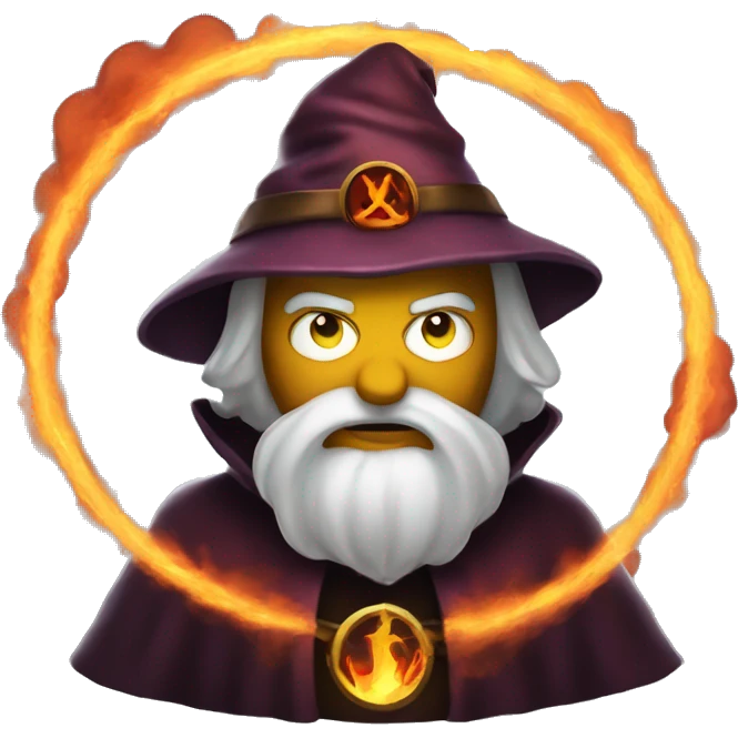 Human demonologist in a wizard costume, surrounded by a fiery halo, Halloween theme, emoji emoji