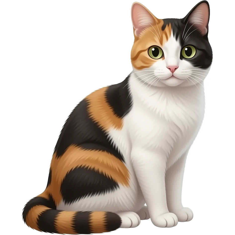 Realistic beautiful pretty straight-sitting Piebald cat, back facing to the left, facing the viewer emoji