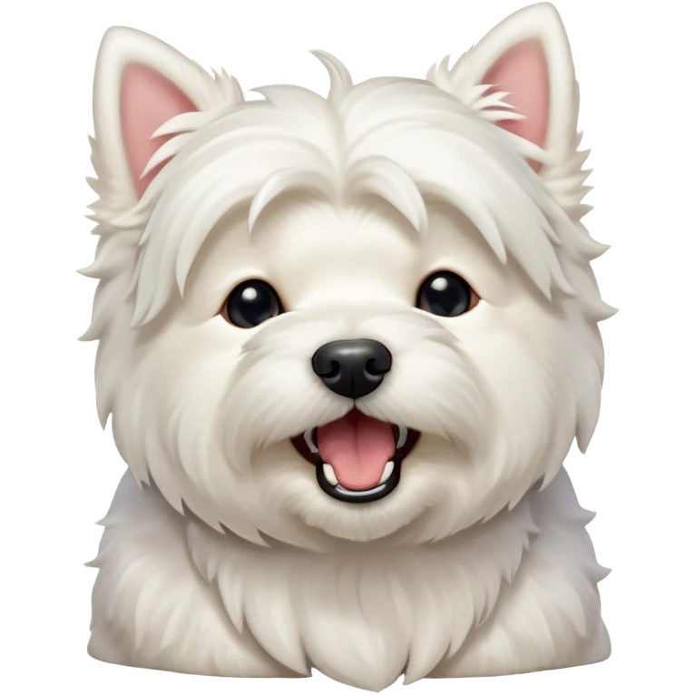 Cinematic Cute Yawning West Highland White Terrier Portrait Emoji, Head tilted slightly with a dramatic, wide-open yawn, showcasing a soft, fluffy white coat with floppy ears slightly drooping and round dark eyes barely open in drowsy contentment, Simplified yet irresistibly adorable features, highly detailed, glowing with a soft, cozy glow, high shine, relaxed yet expressive, stylized with a touch of whimsy, bright and endearing, soft glowing outline, capturing the essence of a sleepy yet affectionate companion, so drowsy it feels like it could stretch out of the screen and curl up for a nap! emoji