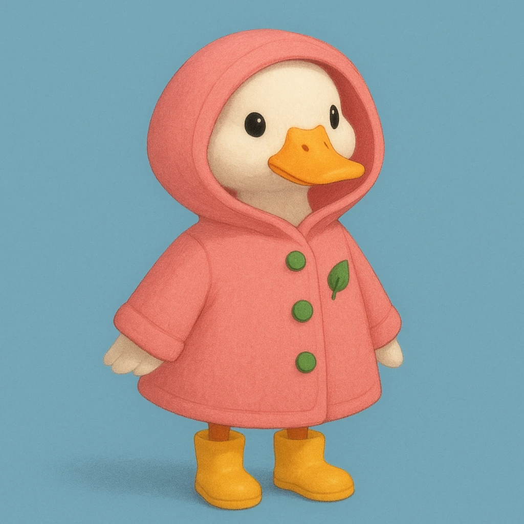 A duck wearing a pink hooded coat with green buttons and a green leaf on the chest, and yellow boots. The background is plain and blue. emoji