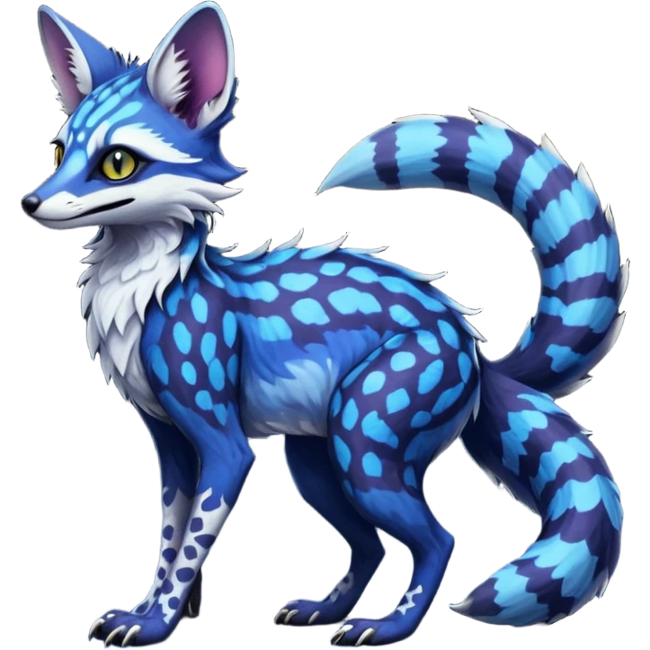 Feral Rare Fantasy scaly evil spooky vibrant dark shady shaded detailed deep-dark-cobalt-blue-gradients-colored colorful Vernid-Sergal-Genet-Trico-Fox-species by LiLaiRa, with dark-blackish points, white belly, random markings, tufted tail, tufted ears, full body emoji