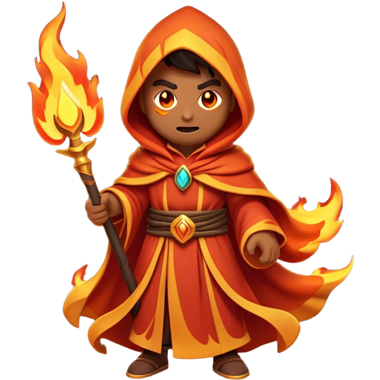 Clash of Clans aesthetic: Cinematic Ferocious Fire Mage Hero closeup Emoji, rendered in a 3D vector-style similar to standard emojis with minimal shading and bold, simplified shapes. A compact, isometric figure draped in flowing, charred and ember-lined robes, wielding a fiery staff crackling with intense flames. Eyes burning with an infernal glow, exuding raw, untamed power. Simplified yet unmistakably iconic, highly detailed and consistent, glowing with a fiery, molten radiance and high shine. Stylized with a touch of menacing sorcery and a searing, ember-infused outline, capturing the essence of a wrathful mage ready to unleash devastating fire magic! emoji