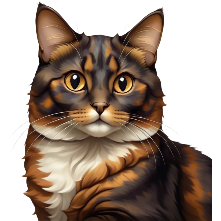 Cinematic Noble Tortoiseshell Cat Portrait Emoji, Poised and dignified, showcasing a luxurious, mottled fur of rich browns and blacks, with elegantly arched whiskers and a determined yet gentle expression, simplified yet meticulously detailed, glowing with a subtle, regal radiance, high shine, embodying quiet nobility and refined charm, soft glowing outline, capturing the essence of a sophisticated tortoiseshell cat exuding quiet authority! emoji