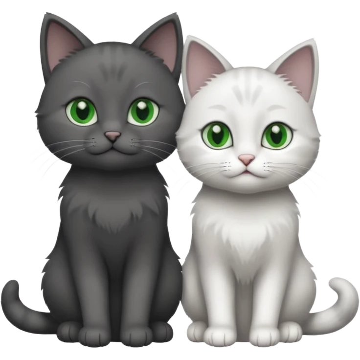2 different coloured small cats including a dark grey and white and a completely solid dark grey with green eyes and only white paws emoji