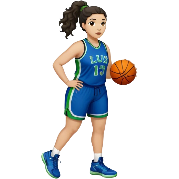 full body plus size light skin latino women basketball player with wavy dark hair in pony tail wide nose wearing blue uniform with green accent emoji