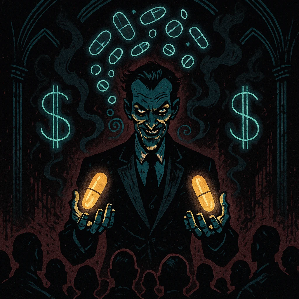 Sinister charismatic man in a tailored suit hypnotizing a crowd with glowing pills in his hands, swirling pharmaceutical symbols, dark smoke forming dollar signs, gothic neon-lit stage, cinematic lighting, hyper-detailed, Mike Mignola meets cyber-noir. Variant 1. emoji