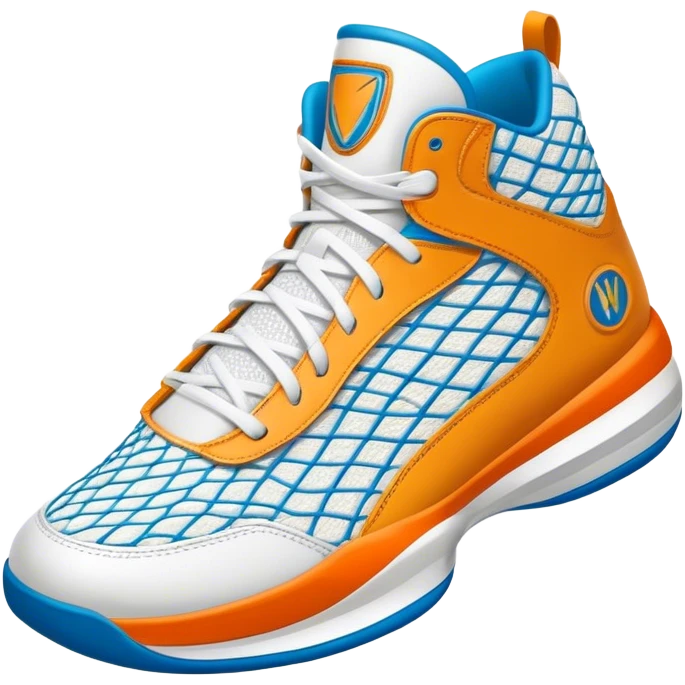 Cinematic Realistic image of a pair of basketball sneakers featuring detailed mesh and leather textures, vibrant color accents and dynamic design lines, illuminated by bold, high-energy arena lighting emoji