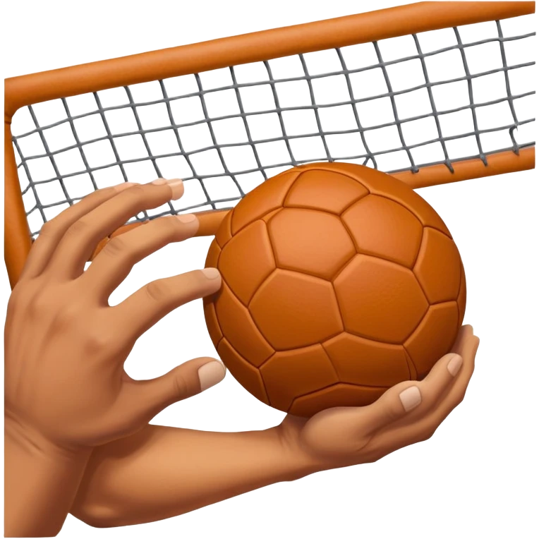 A close-up of a hand gripping a handball, with the handball gates visible in the background. The focus is on the texture of the ball and the strength of the grip, with the goal net slightly blurred to emphasize the anticipation of the throw. emoji