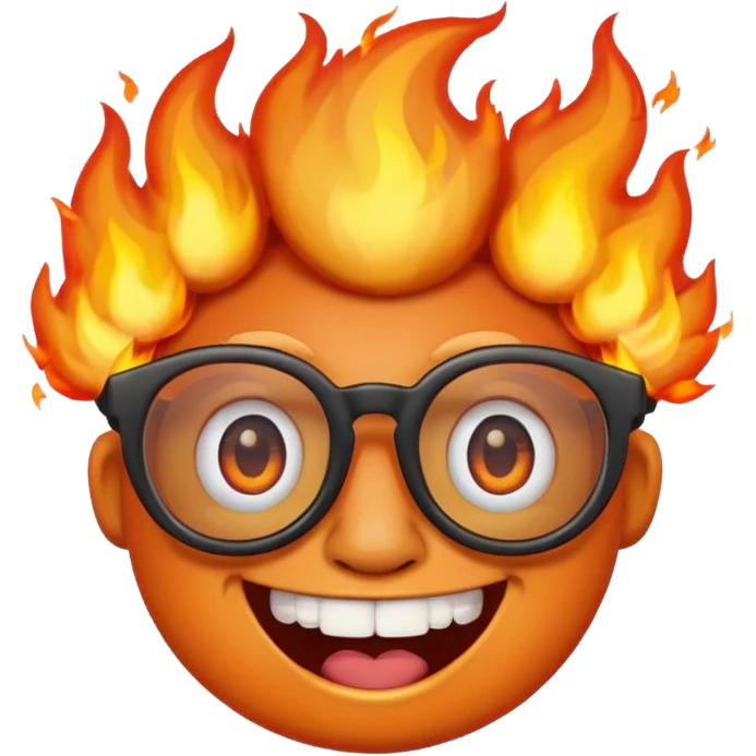 nerdy fire emoji with burning, spectacles, goofy teeth, fiery background emoji