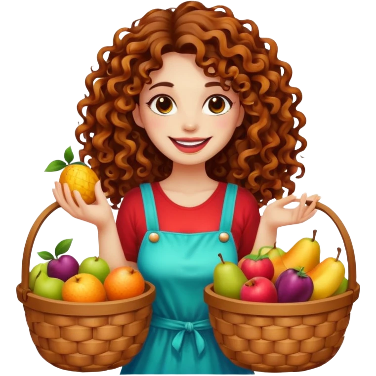 full body woman long curly brown hair brown eyes white skin tattoos holding basket of psychedelic fruits, teasing smile emoji