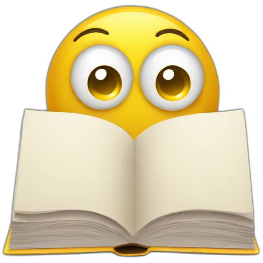 yellow glossy round emoji with big eyes holding book emoji
