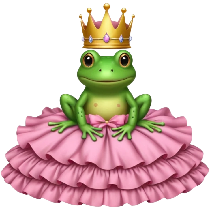 Brown bed with white sheets and a pink comforter.  In the bed sits a frog in a frilly little pink dress, wearing a crown and sitting like a frog would normally sit. emoji