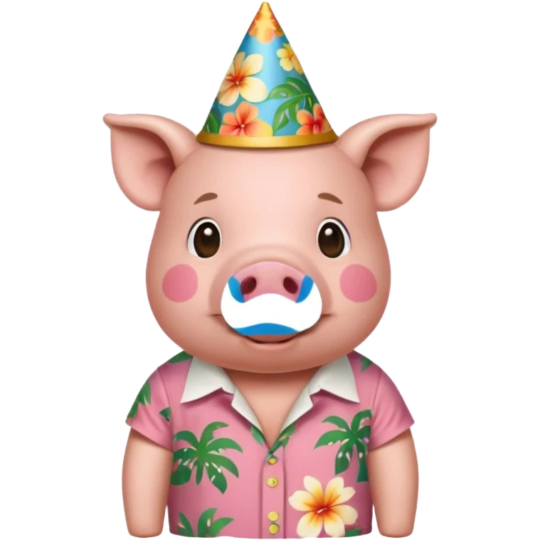 Pig with aloha shirt, birthday hat emoji