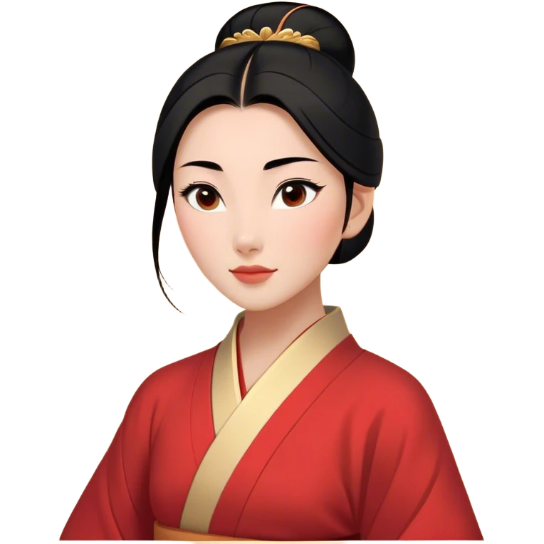 Cinematic Elegant Mulan Portrait Emoji, rendered in a flat, vector-style with minimal shading and bold, simplified shapes. Depict Mulan (chest and above) with warm, light-toned skin, almond-shaped eyes, and sleek black hair styled in a traditional bun. She wears a modest, traditional robe with subtle red and gold accents, glowing with a soft, refined radiance and high shine, capturing timeless beauty and inner strength. emoji