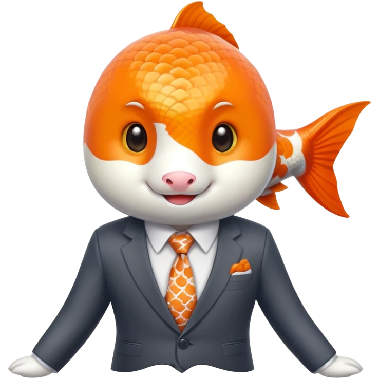 A charming and professional koi fish character, sleek rounded body with orange and white patterns, expressive eyes, friendly smile, wearing a neat business suit, white shirt, and tiny tie emoji