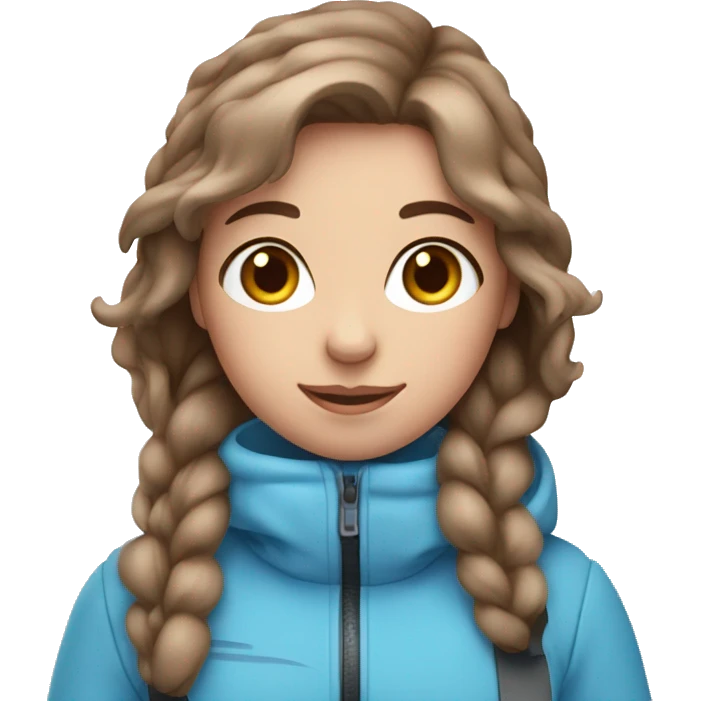 Light pink, snowy, ski girl with blue eyes standing with skis and brown hair emoji