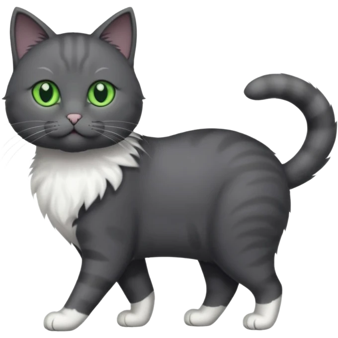 full body gorgeous solid dark grey cat with green eyes, white paws and white whiskers walking emoji