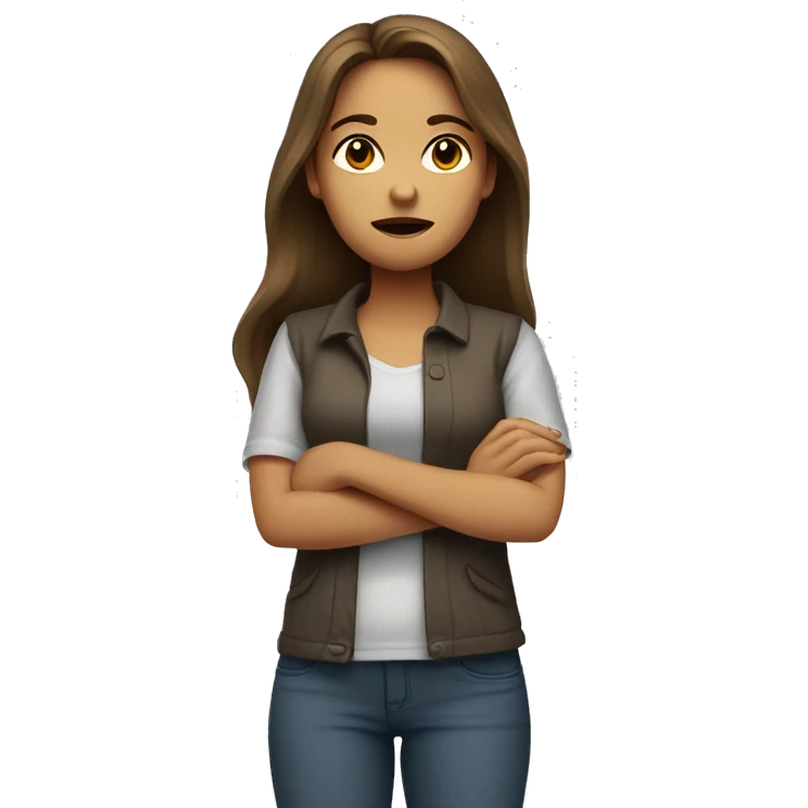 woman with long brown hair and light skin, crossing arms and frowning emoji