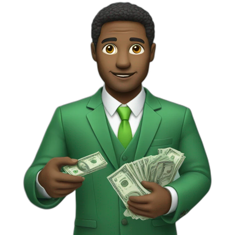 A businessman holding an iPhone with a green screen in his right hand and a pack of money in his left hand emoji