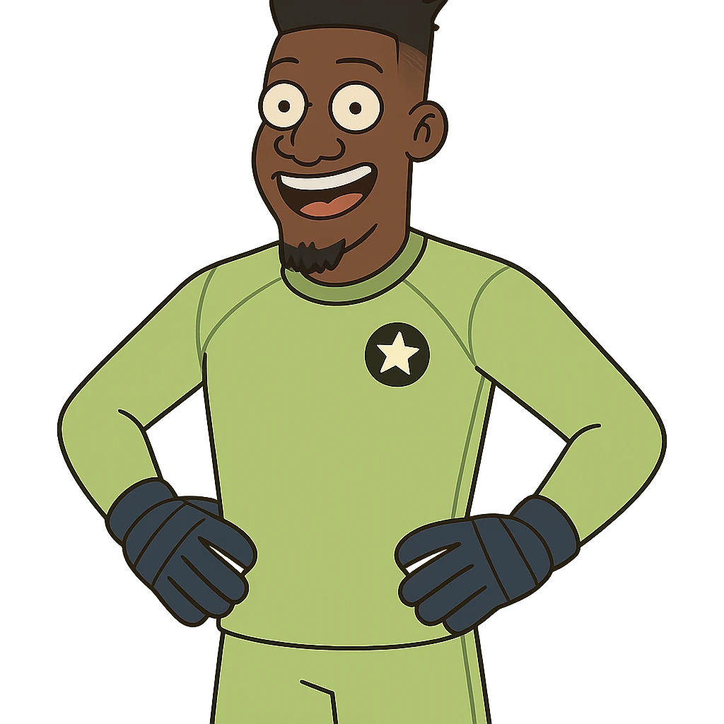 Cartoon André Onana, standing with football gloves, smiling, goalkeeper kit emoji
