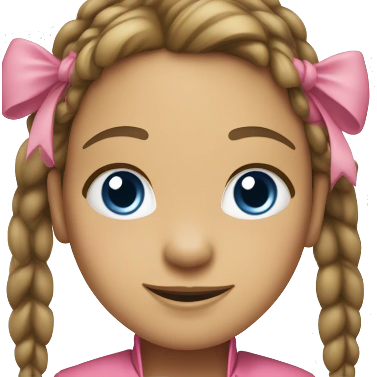A girl with a smile, blue eyes, light skin, brown pigtails and two pink bows, in a yellow jacket emoji
