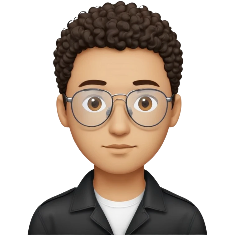 Man with small face and prominent forehead, teardrop-shaped aviator glasses, totally shaved sides with very minimal dark curly hair only on top, light brown complexion, gentle expression, black button-up shirt emoji