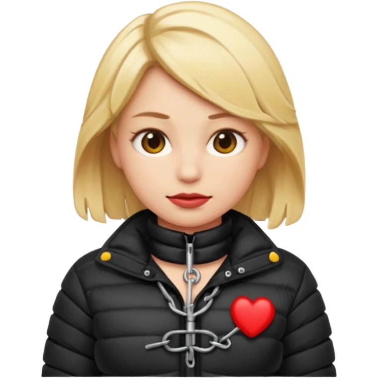blond female emoji wearing a black down jacket, under bondage emoji