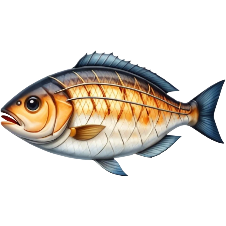 Cinematic Realistic Gradele (Grilled Fish) Dish Emoji, depicted as perfectly grilled fish with a smoky, charred finish rendered with lifelike detail and appetizing, natural lighting. emoji