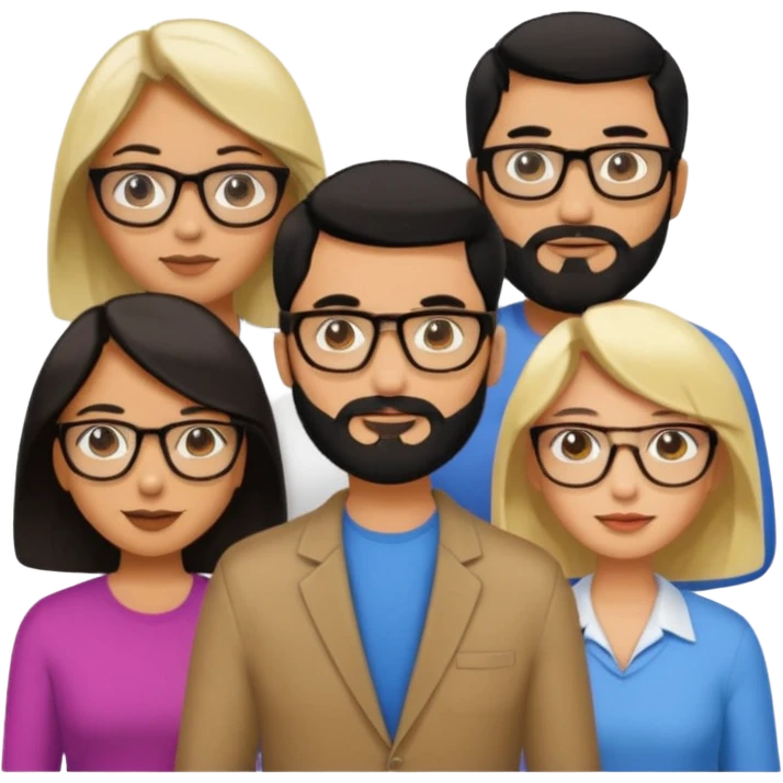 A man with hair and glasses and  a woman with long brown hair and a man with a beard and a woman with a blonde bob emoji