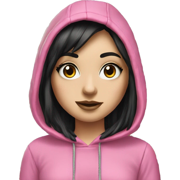 Hyperrealistic white girl with long black hair with a pink fringe and has eye makeup on, she is wearing a black and leopard print hoodie  emoji