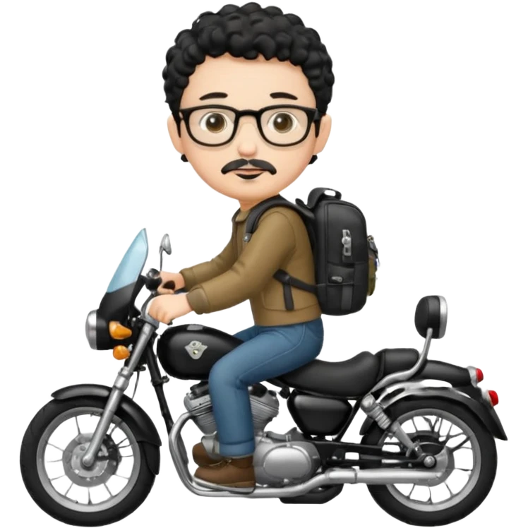 A young boy DEVELOPER WITH A backpack, black curly short hair, wearing glasses, a thin goatee, his skin is white, riding a motorcycle emoji