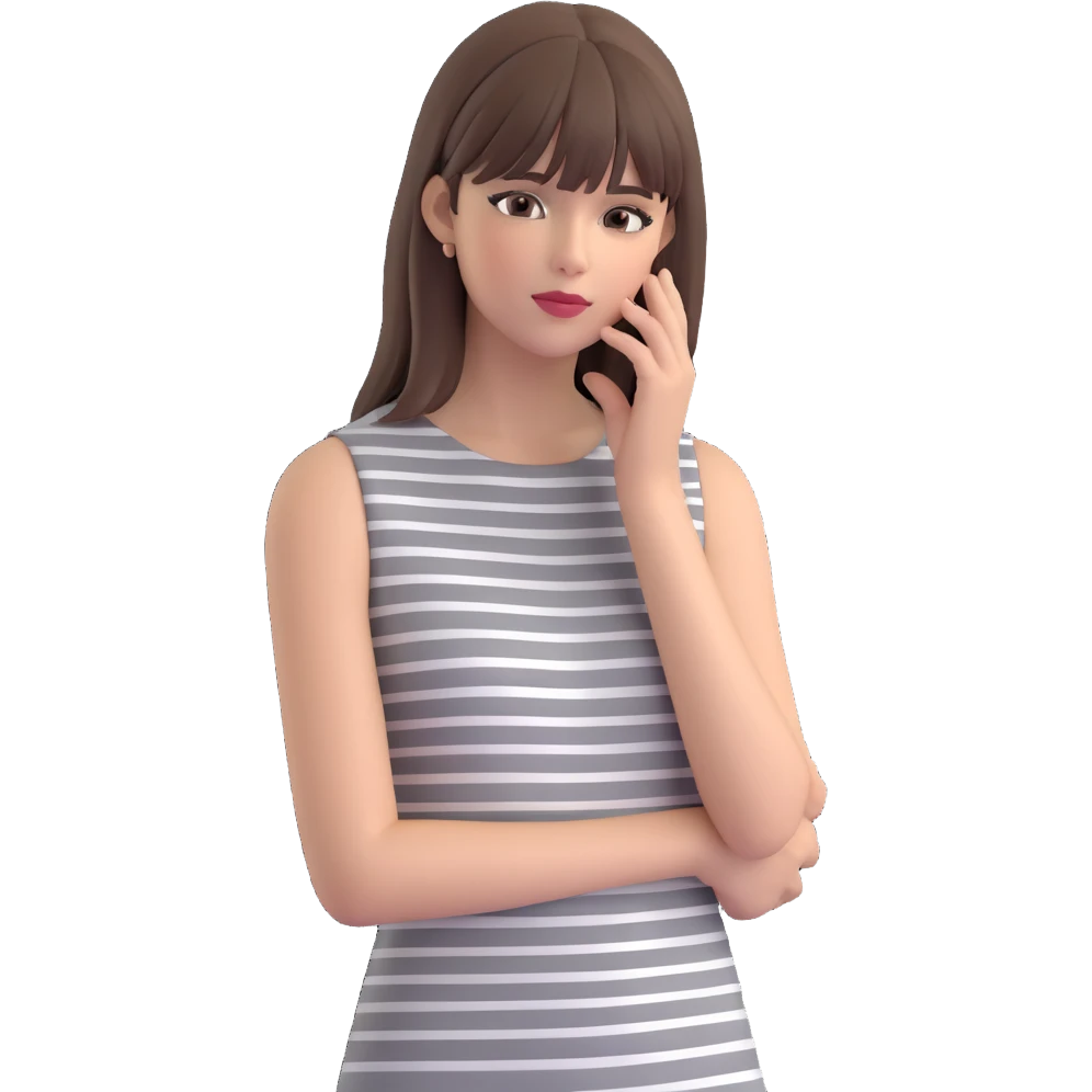 emoji-style cartoon of a fashionable woman wearing a sleeveless grey-and-white striped dress, straight medium brown hair with bangs, gently touching her face, neutral or confident look, compact proportions, colorful and smooth, minimal background emoji