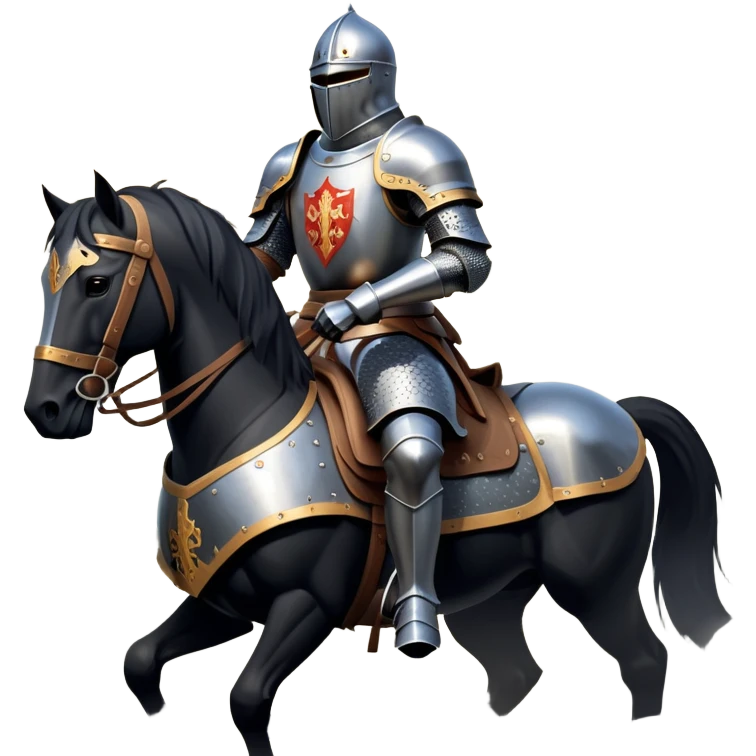 clash-of-clans-aesthetic_-cinematic-fearsome-and-majestic-knight-bust-portrait-emoji, rendered in a flat, vector-style with minimal shading and bold, simplified shapes, depicting a battle-ready medieval knight with steely eyes and intricate armor, riding on a black warhorse looking regal reflecting sunlight over a misty battlefield. emoji