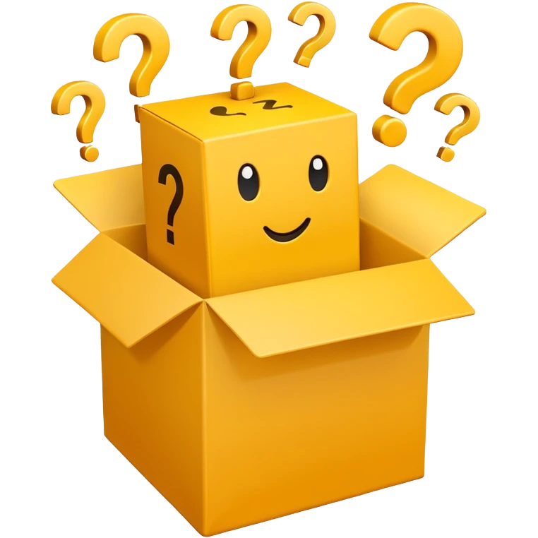 white box printed with q&a over stuffed with yellow question marks emoji