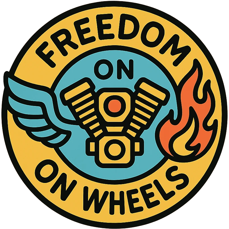 circular motorcycle cap design with the English phrase 'Freedom on Wheels', featuring motorcycle motifs like motor, wing, flame, freedom style emoji