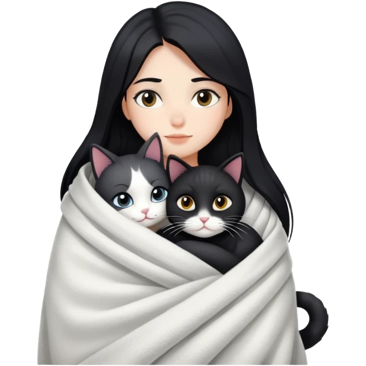 A girl with fair skin and long black hair wrapped in a blanket hugging a black and white cat emoji