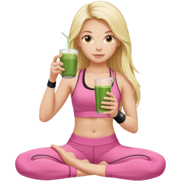 long haired blonde pilates instructor in pink drinking matcha in cute set with no straps and tattooed emoji