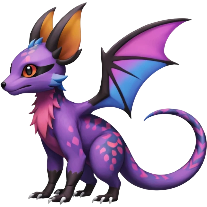 Rare epic aesthetic colorful Noivern-Salandit-Noibat-Eevee-Civet-species-Fakemon-hybrid-creature, with markings, full body emoji