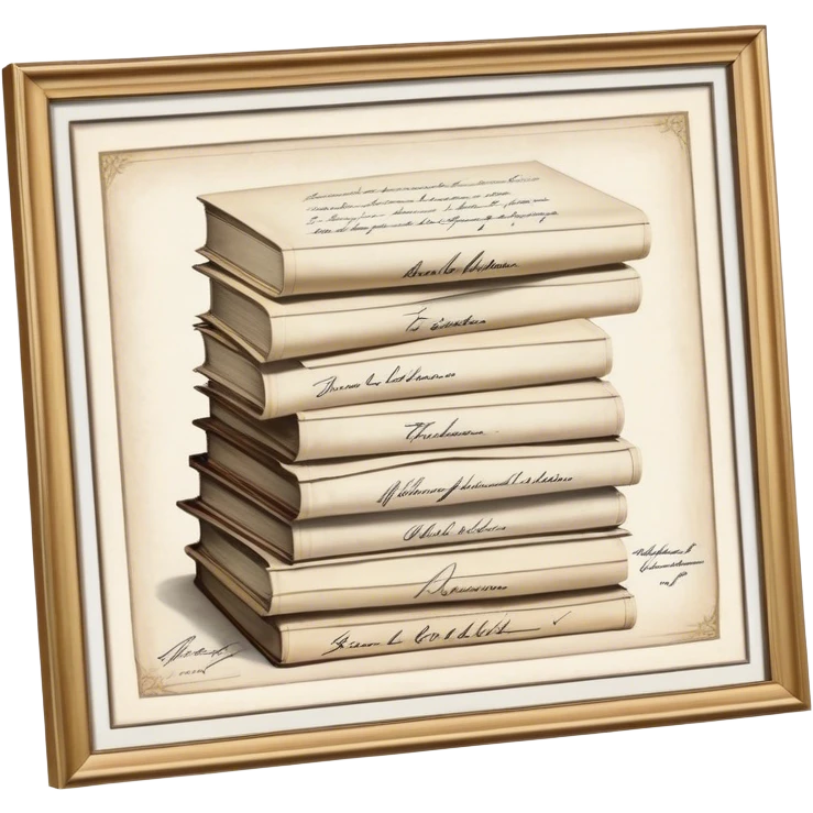 Icon for Autograph Collecting: several vintage framed with signatures of famous celebrities sheets stacked one on top of the other, each . The icon should evoke the charm and history of collecting autographs. Transparent background. emoji