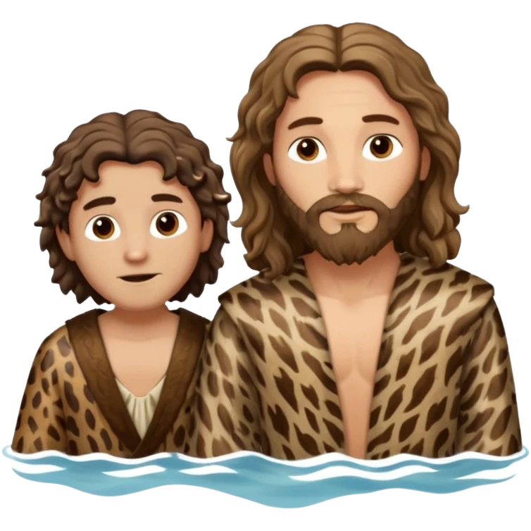wavy hair John the Baptist in animal skin clothes meeting same age Jesus in the water, both clothed emoji