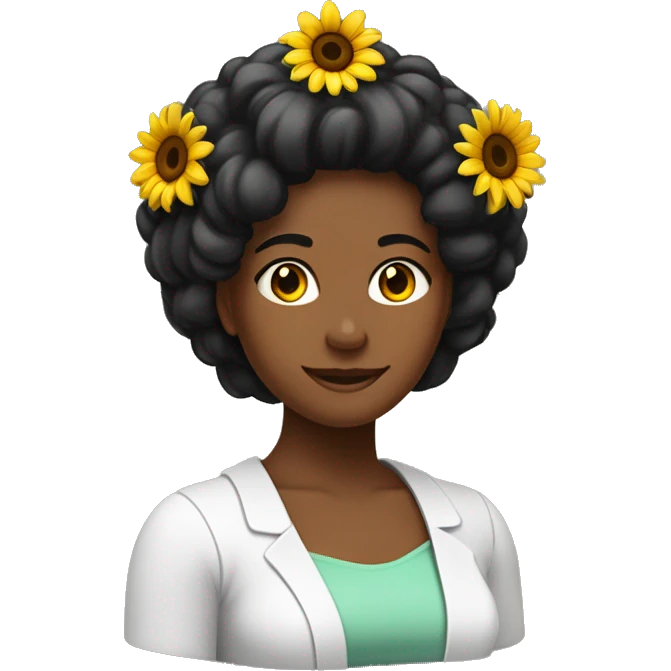 Mujer blanca, pelo negro, farmaceutica, sin lentes, pelo lacio hasta los hombros, con diadema de colores, gabacha con logo de girasol emoji