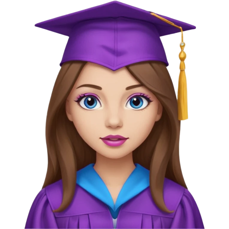 girl with gorgeous long brown hair, blue eyes, long lashes makeup, sexy pink lips, wearing a purple graduation cap and gown emoji