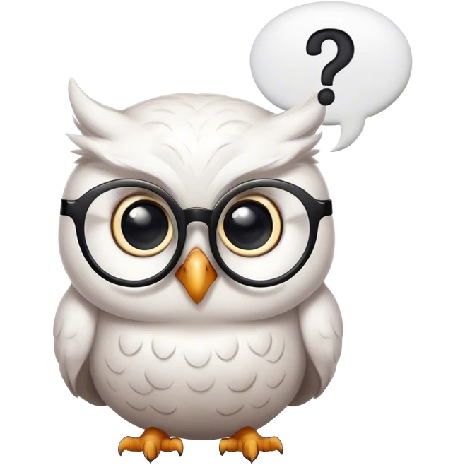 White elegant owl with glasses on looking at a puffy black question mark in a white thought bubble emoji