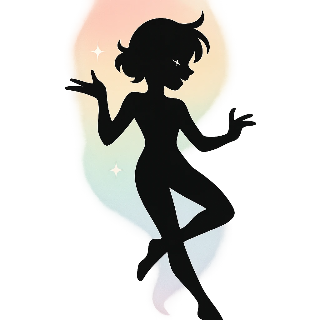 minimalist silhouette of a radiant, delicate figure with a soft pastel aura, a hint of sparkle in the eyes, and a graceful pose, exuding carefree charm and playful chaos emoji